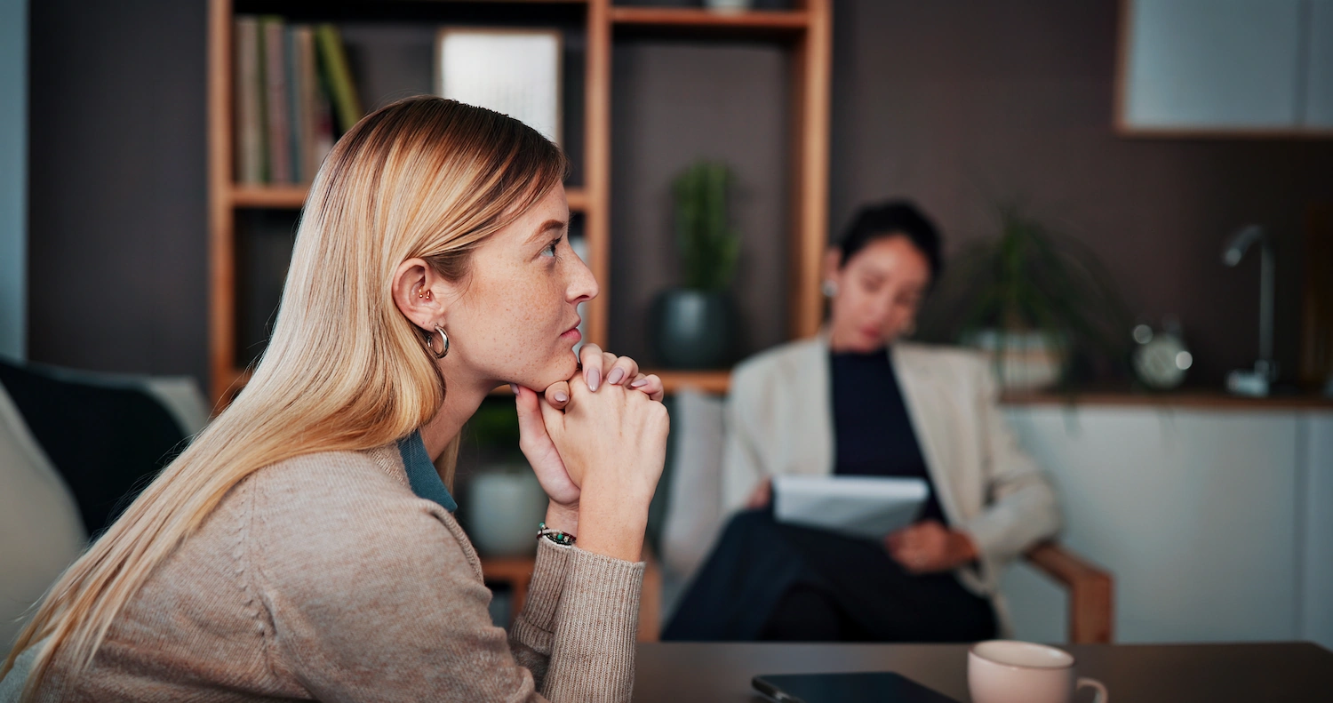 Client in a dual diagnosis therapy session for addiction and co-occurring mental health conditions