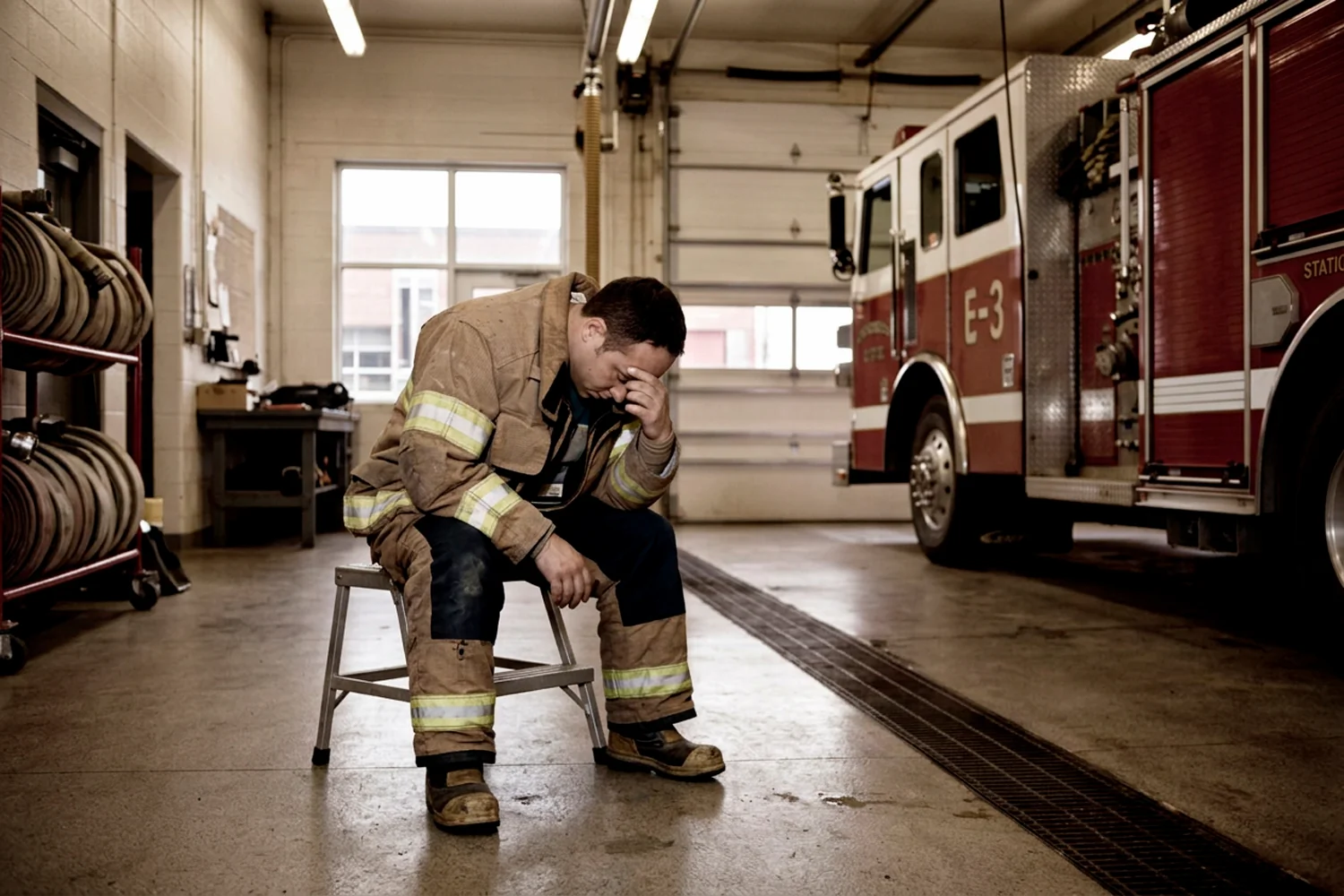 Exhausted firefighter sitting alone at the fire station, a first responder struggling with addiction