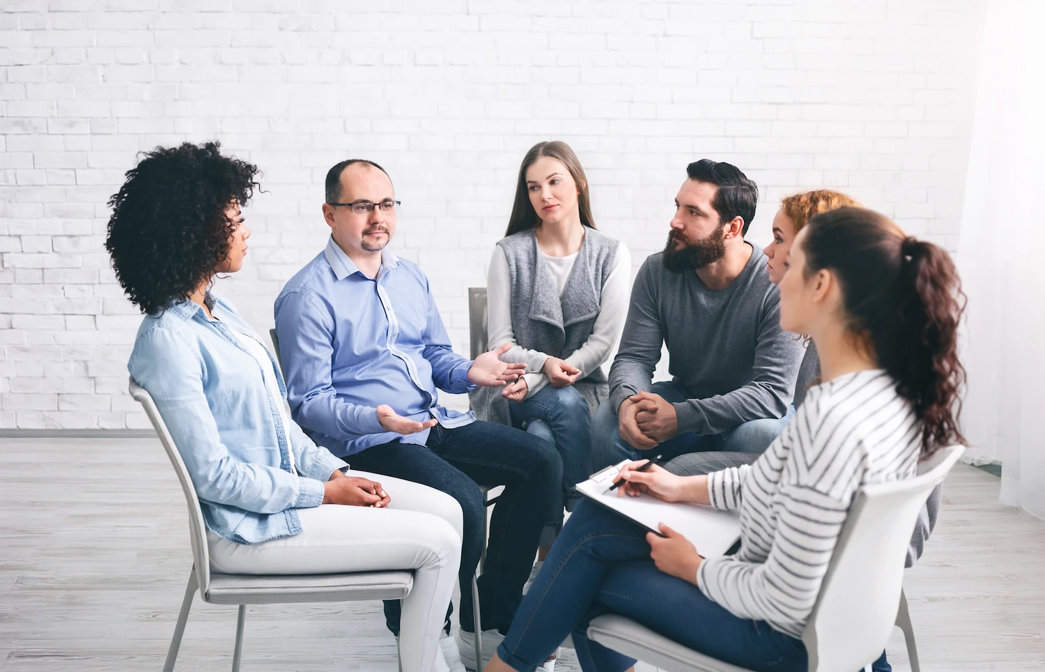 Group therapy session in a partial hospitalization program for drug and alcohol addiction